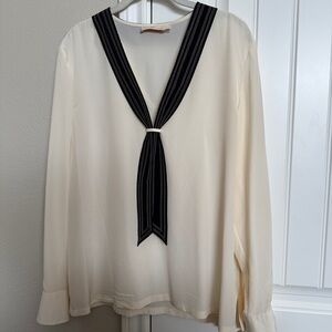Tory Burch 100% Silk Cream Blouse with Black Tie Detail size 14